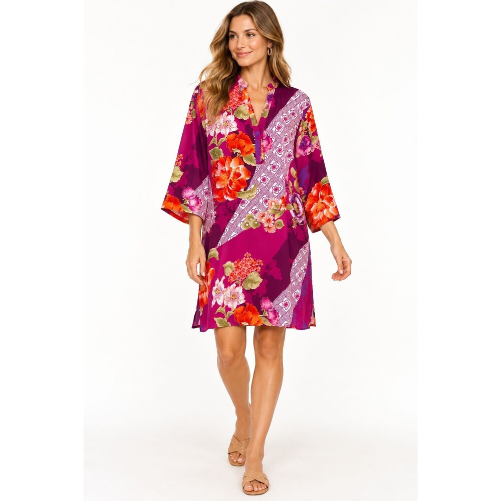 Natori Kaftan Dress Tunic Size Medium Vibrant Floral Print V-Neck Long Sleeve